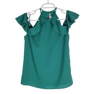 Cooper & Ella Teal Cold Shoulder Ruffle Halter Top XS Sleeveless Blouse‎